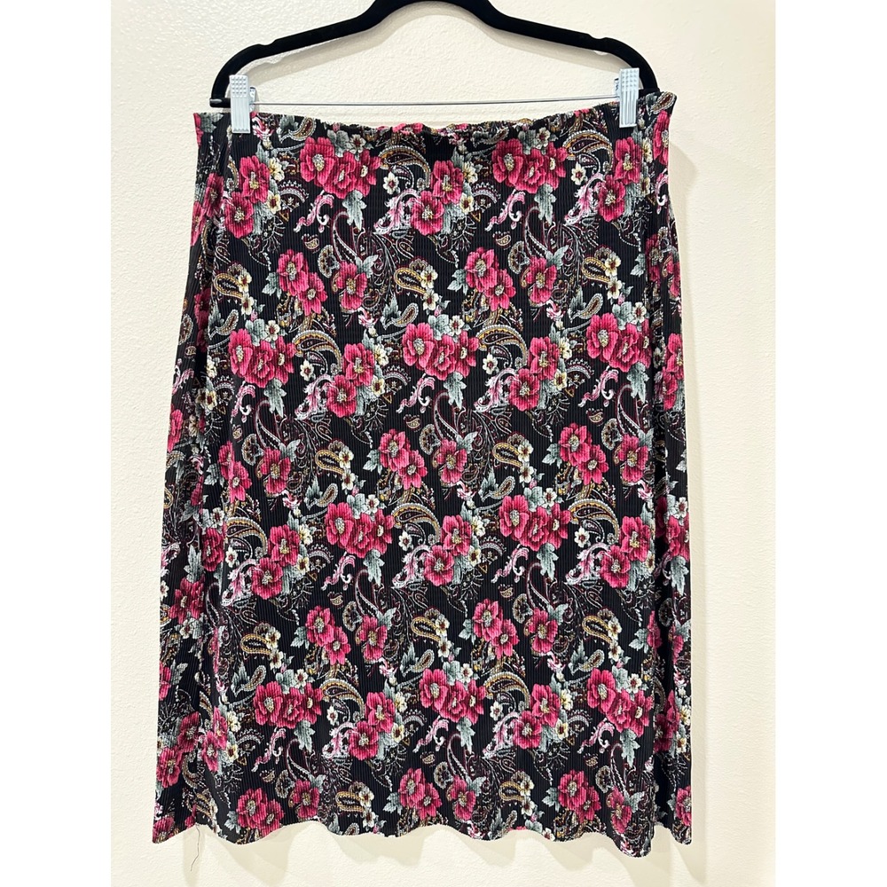 Vintage 90's Pacific Palm Floral Paisley Pleat Midi Skirt Pink Red Black  Size L